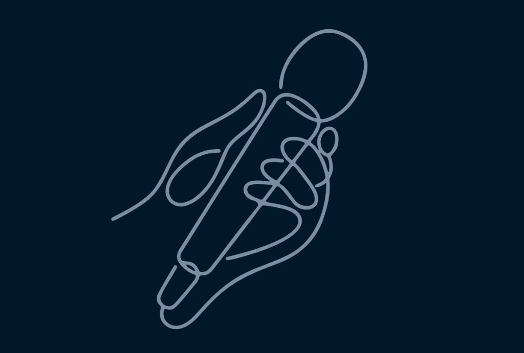 One-line illustration of a hand holding a microphone, symbolizing Toastmasters speaking roles and sign-ups