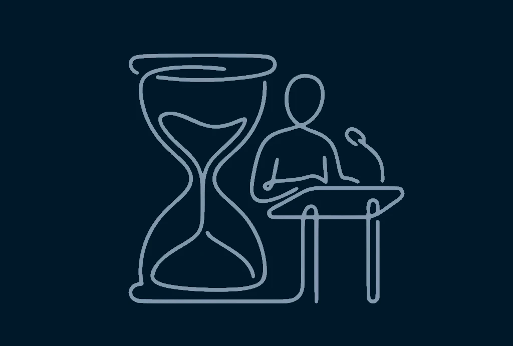 Line illustration of a speaker at a lectern beside an hourglass, symbolizing timed Toastmasters speeches and the timer role